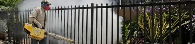 Mosquito control technician fogging a yard perimeter for mosquito reduction in Scottsdale, AZ